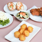 Potato and Macaroni Salad ($2.65), Inari Sushi ($1.35), Fried Chicken ($1.65 per piece), Namasu ($3.95) and Hash Tempura ($6.30 for six pieces)