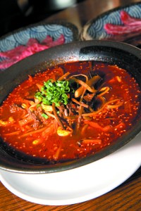 Heijouen's Yukkejan Ramen ($8.80), also known as Beef Rib Soup in Noodles, flanked by a la carte fine beef loin ($8.80) and fine kalbi ($9.80) grilling meat.