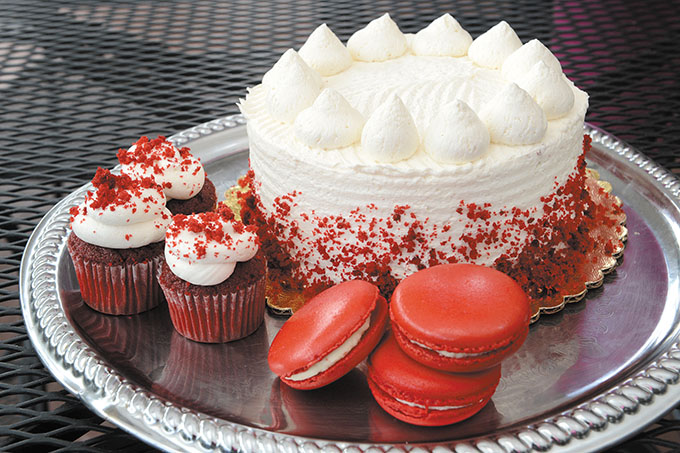 Cake Works Red Velvet Cake (6-inch $19.25), Red Velvet Macaron ($2 each) and Mini Red Velvet Cupcake ($1.65)