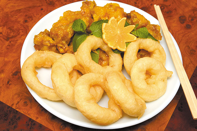 Onion rings and orange chicken (part of the buffet)