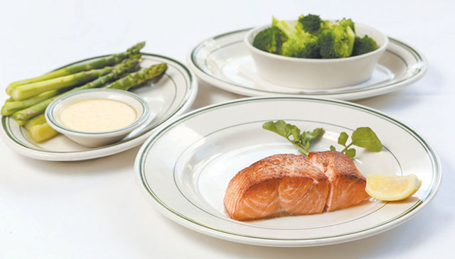 Grilled Salmon ($36.95) with sides of aspargus and broccoli ($14.95 each)