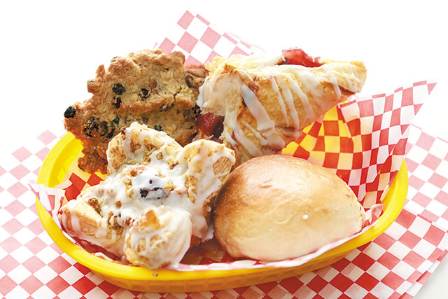 Assorted pastries (95 cents to $2.95) Oatmeal Rasin Cookie, Morning Glory, Cherry Turnover, Coconut Pan