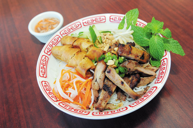 Rice Vermicelli — shown with barbecue chicken and two egg rolls (on special for $8.99)