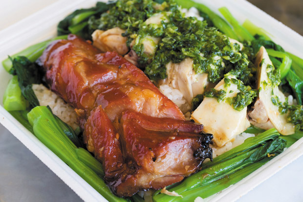 Barbecue Pork & Ginger Chicken on Rice ($9.50)