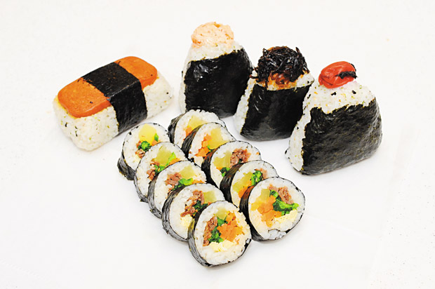Korean Sushi ($4.25 for 10 pieces), Spam Musubi ($1.89), and salmon, konbu and ume Onigiri ($2.25 each) 