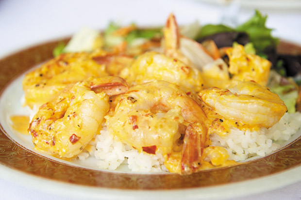 Manoa's Best Shrimp Plate ($13) is available with garlic lemon, ginger lemon grass, lightly spicy "irie," or very spicy "burning tree house" seasonings. Pictured here is the creamy irie with a kick, served with rice and a salad. 