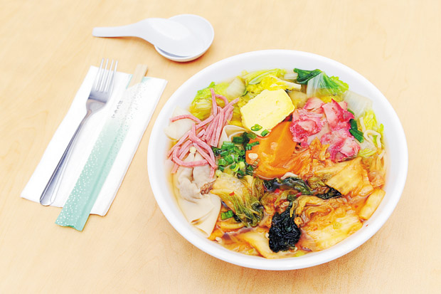 Kimchee Saimin with wonton, vegetables and garnishes ($7.95) LAWRENCE TABUDLO PHOTO