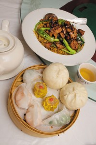 Various dim sum and Minute Chicken Fried Noodle ($11.95; part of Lunch Party Menu).