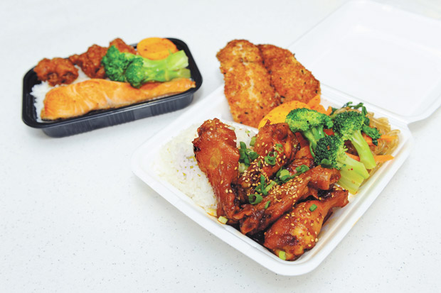 Two-Choice Plate with Korean chicken wings and furikake panko fish ($11.99)