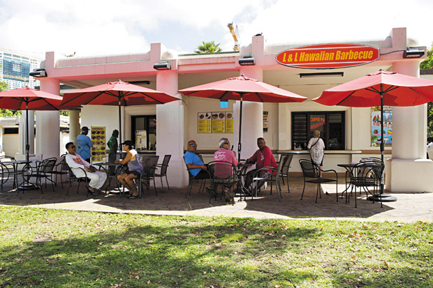 Customers can cool off and chow down at the shaded outdoor pitstops, one of which is pictured here.