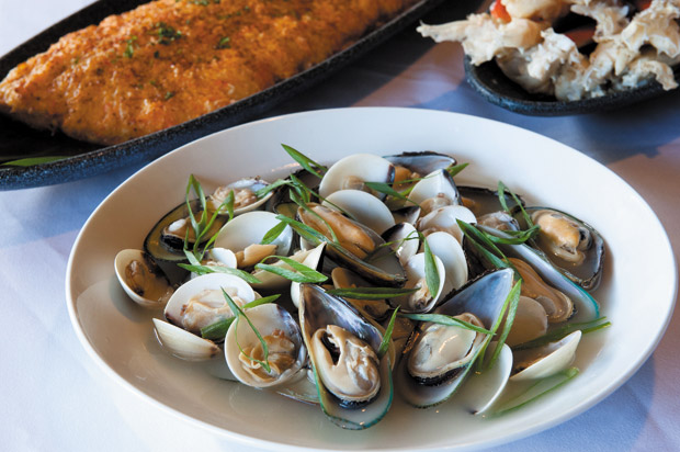 Steamed mussels and clams in lemon grass broth from the regular buffet line. 