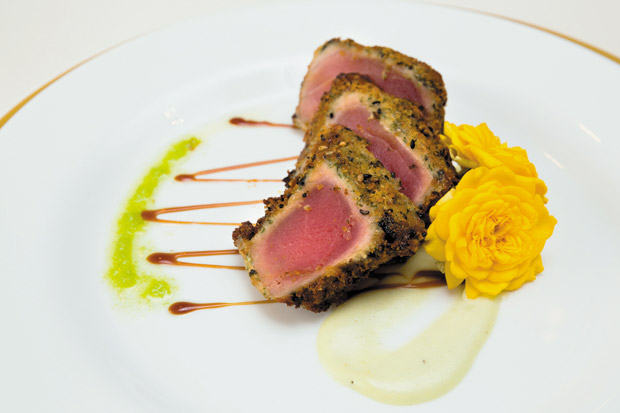 Pomaikai Ballrooms offers an array of menu options with elegant bites, such as Blackened Ahi with Wasabi Cream Sauce.