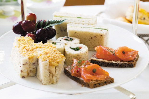 Chicken with Horseradish on Whole Grain Bread is among the array of sandwiches served with afternoon tea.