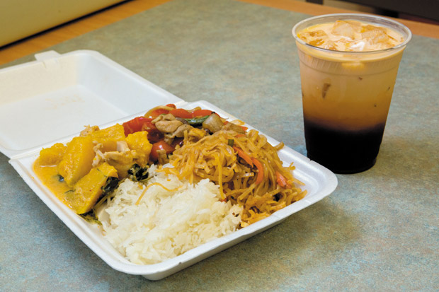 Two-choice Plate ($11.50) showing half Sticky Rice, half Pad Thai, Thai Basil Chicken and Pumpkin Curry Chicken with Thai Iced Tea ($3) from Olay's Thai Express kiosk. 