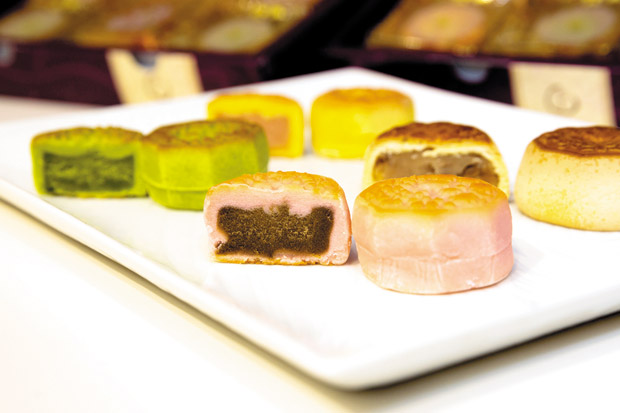 Assorted Geppei, or Japanese-style moon cakes: White Peach, Earl Grey, Fruit & Nut and Matcha ($17 for a four-piece set, $33 for eight, $49 for 12) 