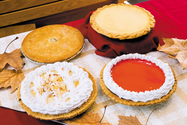 (Clockwise, from top left) Apple Pie ($10.55), Custard Pie ($9.90), Strawberry Gelatin Cream Pie ($9.60) and Banana Cream Pie ($10.95)