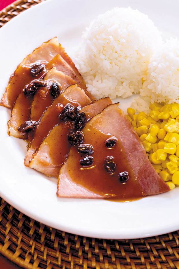 Baked Ham with Rum Raisin Sauce ($11.45 dine-in, $9.95 fast food) 