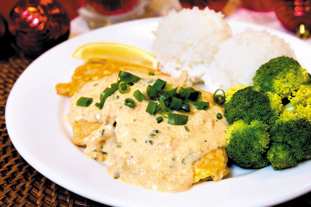 Grilled Salmon With Crab & Artichoke Sauce ($15.95, dine-in restaurant only) 