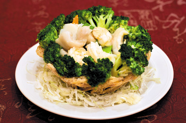 Seafood with Vegetables in Taro Basket ($20.95 small, $38 large) 