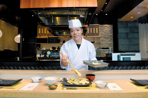 Chef Susumu Mizui; Three Nigiri Sushi ($8), Assorted Sashimi ($18), Spicy Tuna Roll ($9)