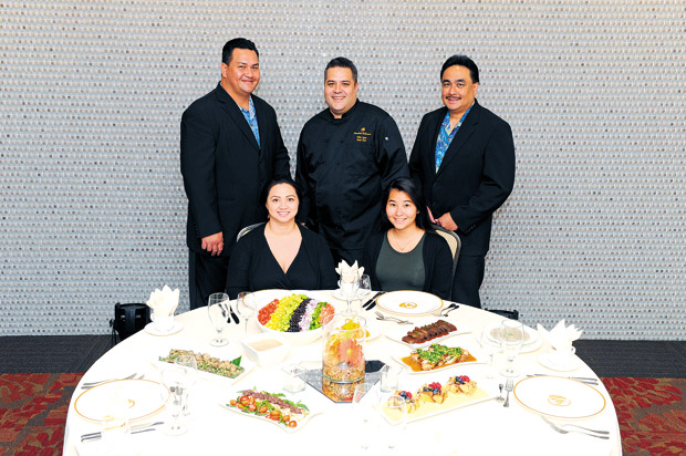 Assistant banquet manager Harry Slade, administrative assistant Shantina Pascual, sous chef Eddy Ayau, administrative intern Tara Kagimoto and general manager Jeff Marcello showcase highlights from the upcoming Administrative Professionals Day luncheon. 